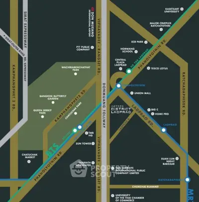 Map highlighting key locations and transit routes in a vibrant urban district.