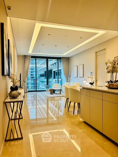 Luxurious modern living room with elegant decor and stunning city view, featuring floor-to-ceiling windows and sleek furnishings.