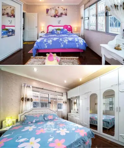 Charming bedroom with vibrant decor and ample natural light, featuring stylish furniture and cozy ambiance.