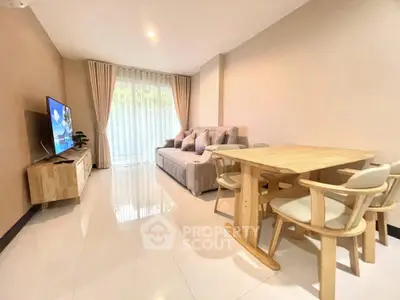 Modern living room with cozy sofa and dining area, bright natural light, elegant decor.