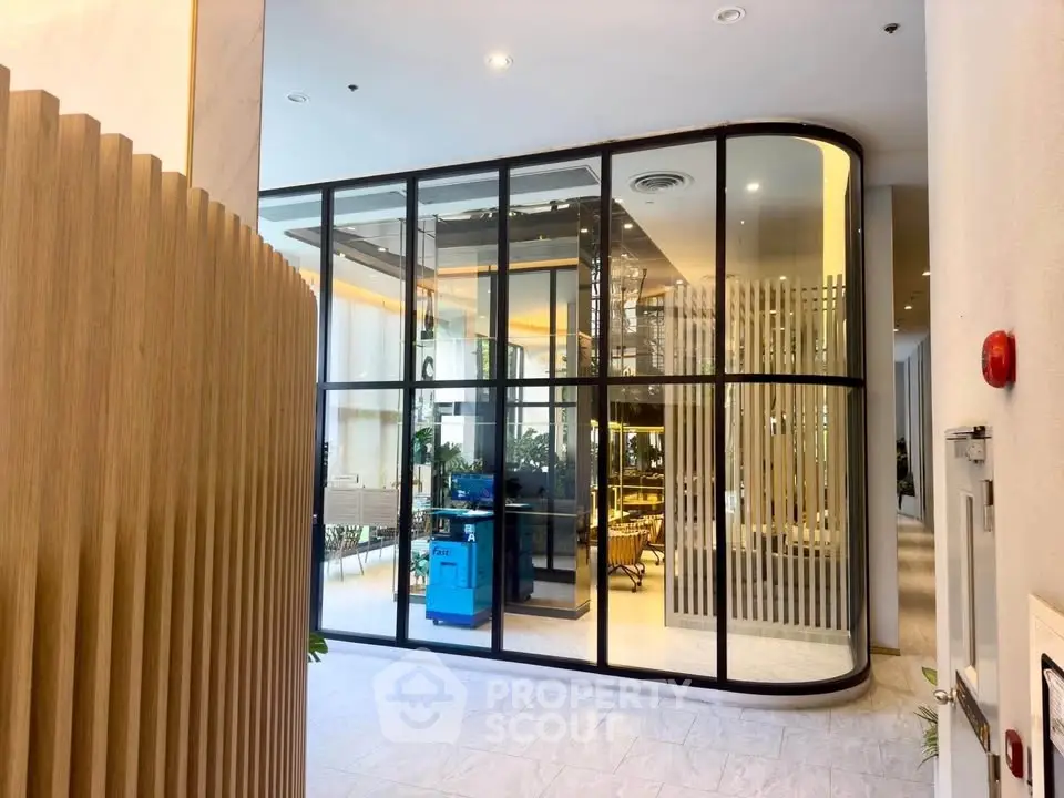 Modern building interior with glass walls and stylish decor