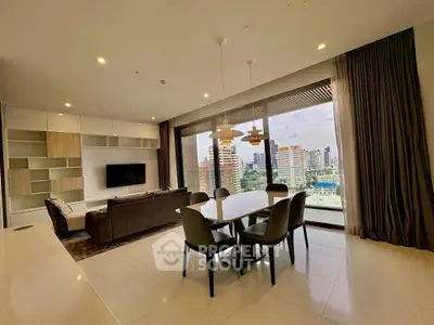 Spacious modern living room with city view and elegant dining area.
