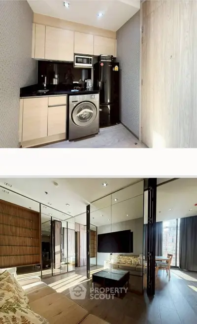 Modern apartment with sleek kitchen and spacious living room, featuring built-in appliances and stylish decor.