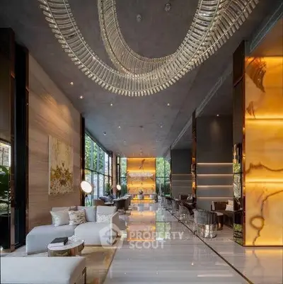Luxurious modern living room with elegant lighting and floor-to-ceiling windows