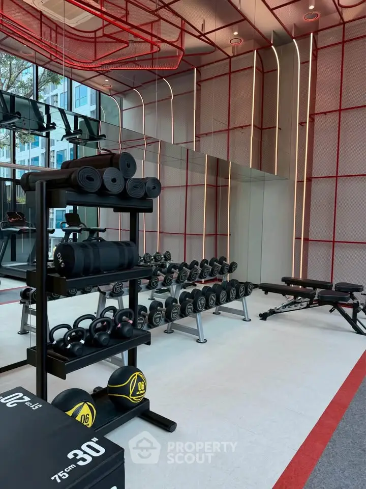 Modern gym with state-of-the-art equipment in a luxury residential building.