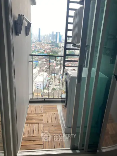 Chic urban balcony with city view and washing machine, perfect for modern living.