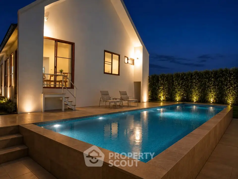 Luxurious modern home with illuminated pool and elegant outdoor seating at dusk.