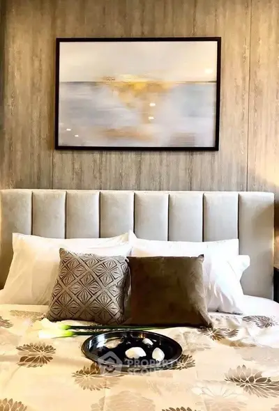 Luxurious bedroom with elegant decor and plush bedding, perfect for relaxation.