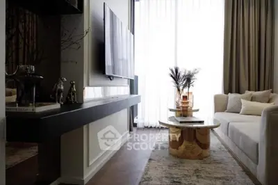 Elegant living room with modern decor and large window for natural light