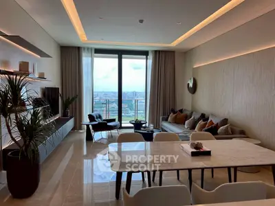Luxurious modern living room with panoramic city view and elegant decor