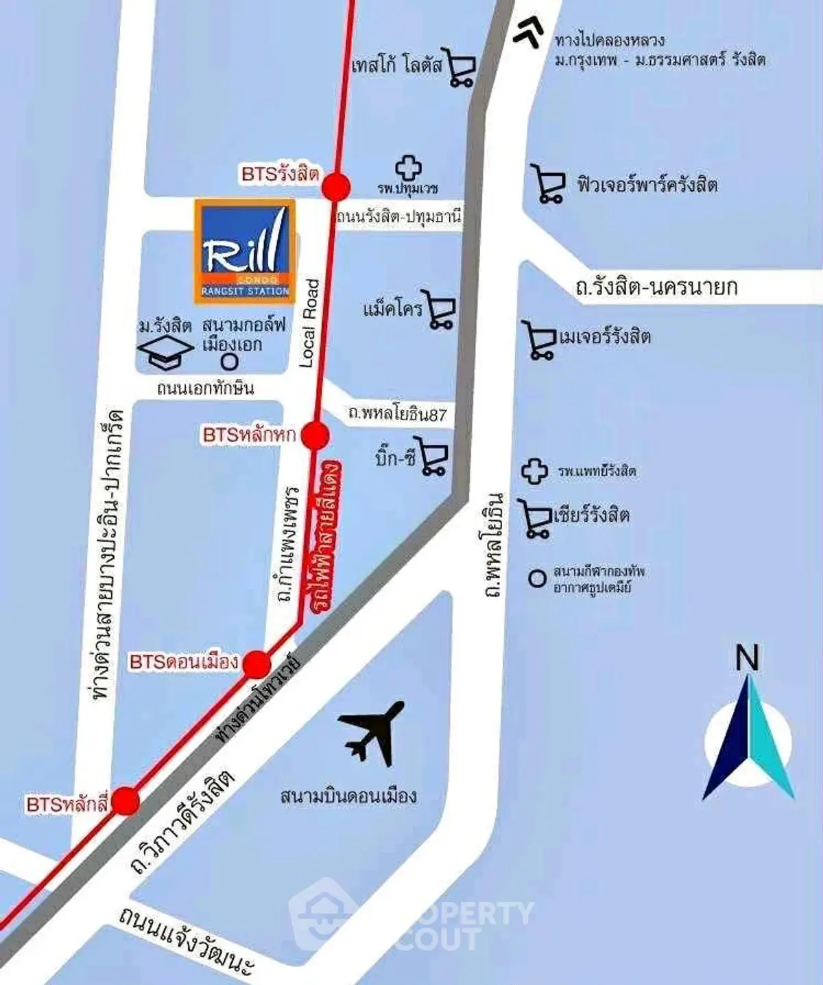Map showing BTS stations and local roads near Rill Angsittiporn.