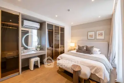 Luxurious bedroom with elegant decor and ample storage in modern apartment