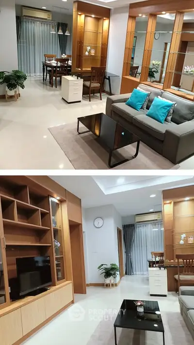 Spacious modern living room with elegant decor and dining area, featuring sleek furniture and stylish lighting.