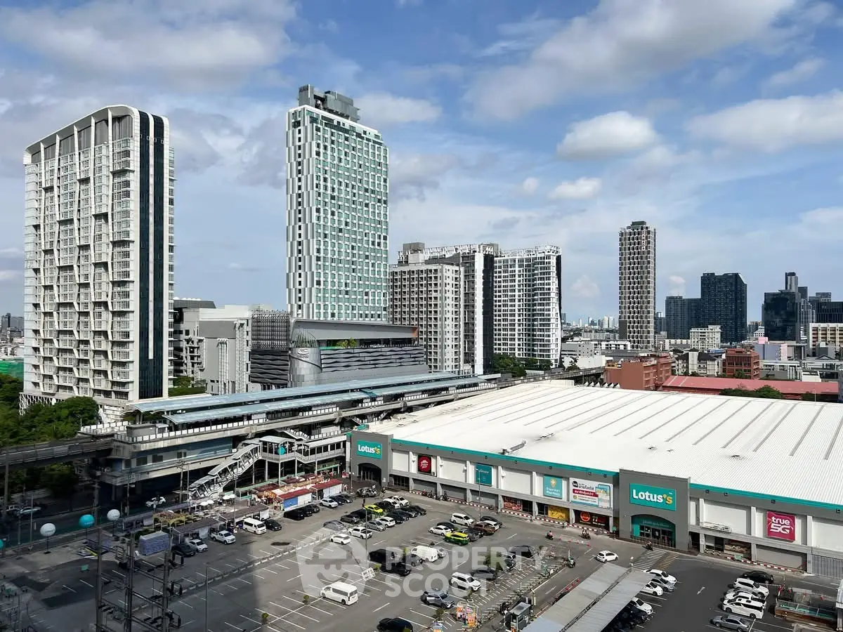 Stunning cityscape view with modern high-rise buildings and bustling shopping center.