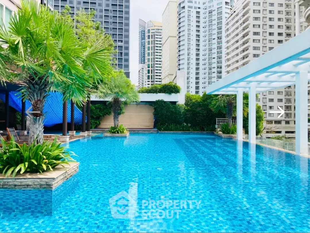 Luxurious rooftop pool with stunning cityscape views and lush greenery.