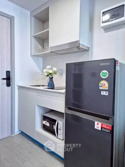 Modern compact kitchen with sleek appliances and stylish cabinetry in a contemporary apartment.