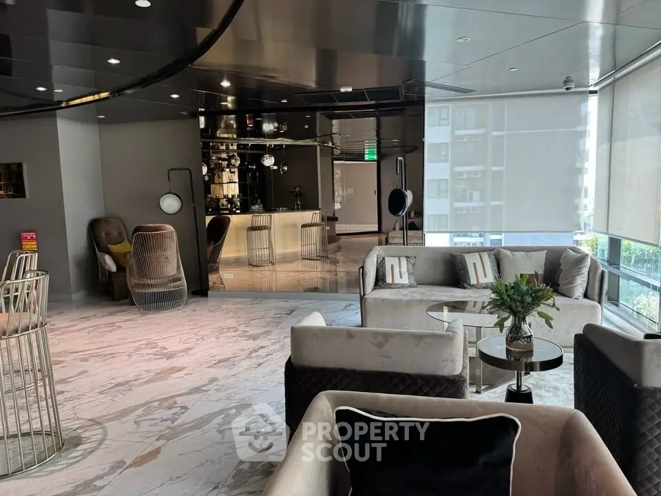 Luxurious modern living room with elegant furniture and city view, perfect for sophisticated urban living.
