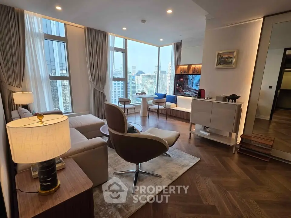 Luxurious living room with city view, modern furniture, and elegant decor