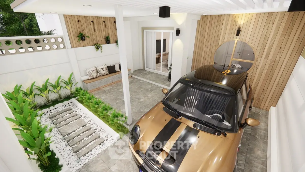 Modern home exterior with stylish carport and lush garden landscaping