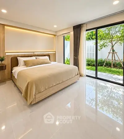 Spacious modern bedroom with garden view and elegant decor