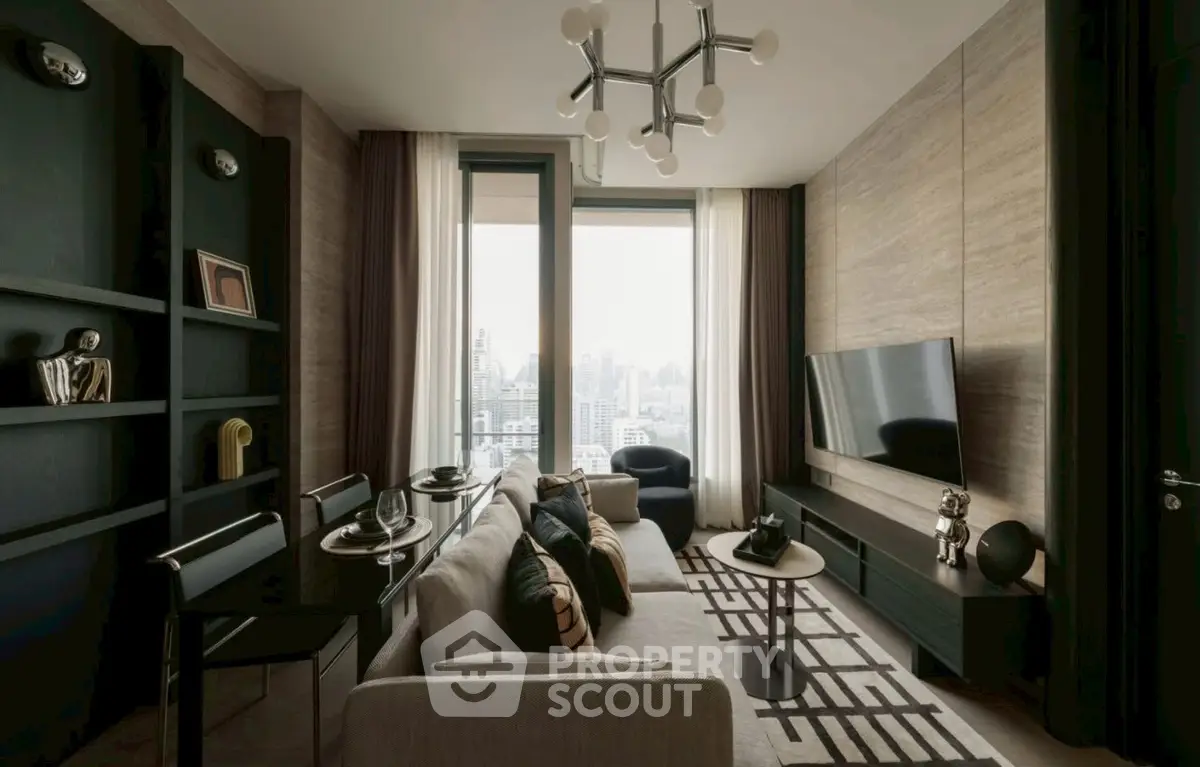 Luxurious modern living room with city view, elegant decor, and stylish furniture.