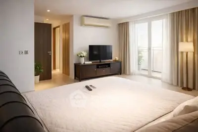 Spacious bedroom with modern decor and balcony access