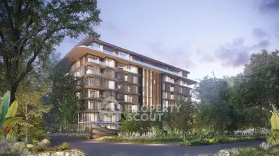 Modern architectural building surrounded by lush greenery at dusk