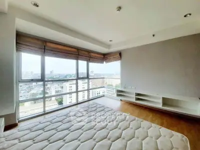 Spacious bedroom with panoramic city view and large windows