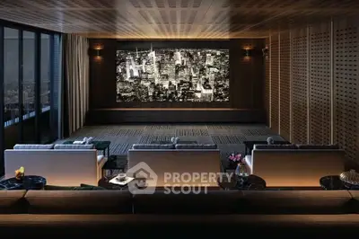 Luxurious home theater with city skyline view, plush seating, and elegant wood paneling.