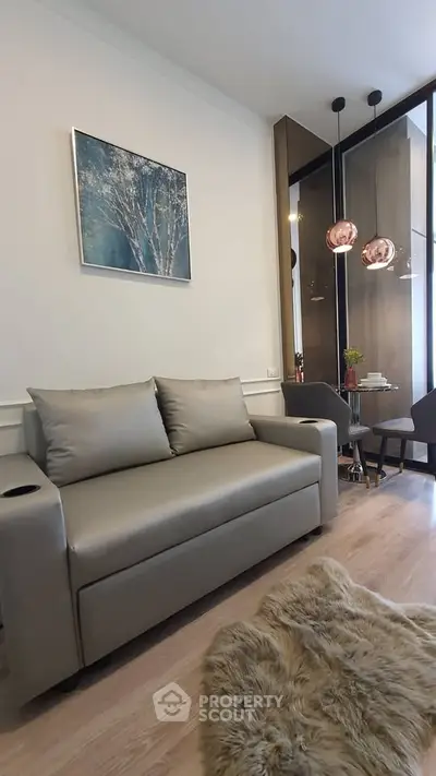 Modern living room with stylish decor and cozy seating area
