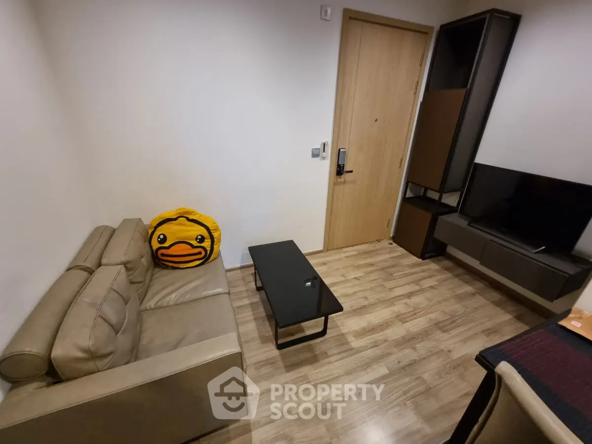 Cozy living room with modern decor and unique duck pillow on sofa, perfect for relaxation.