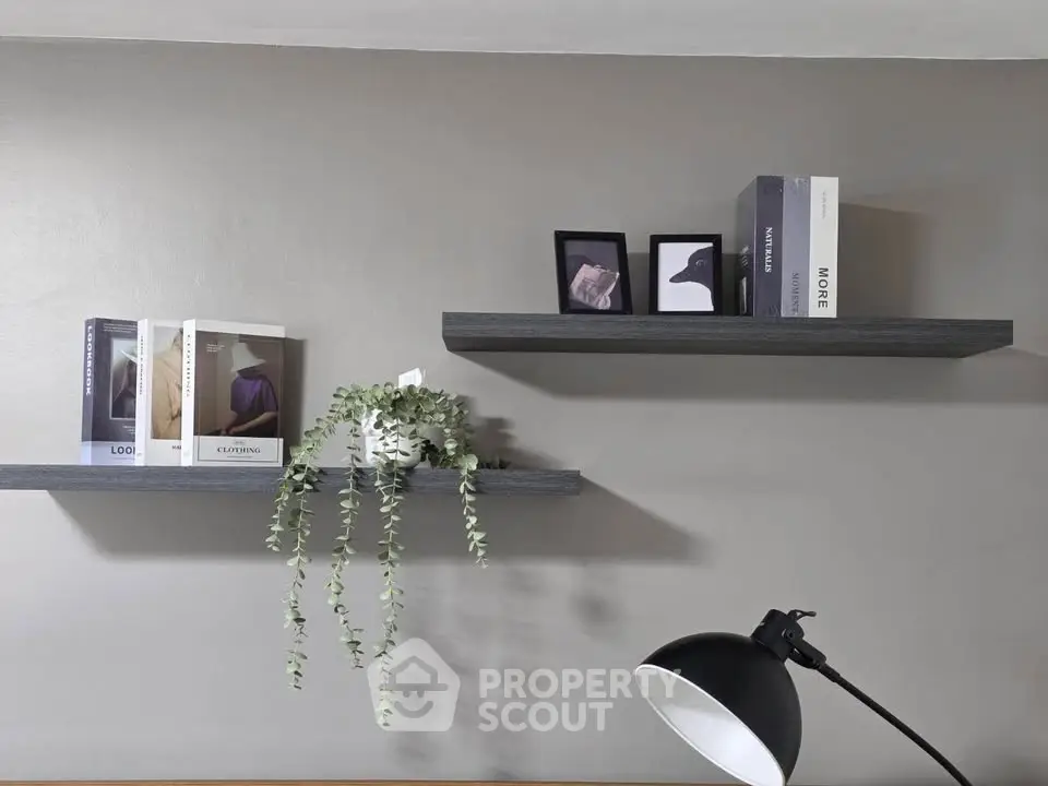 Modern minimalist interior with floating shelves and stylish decor