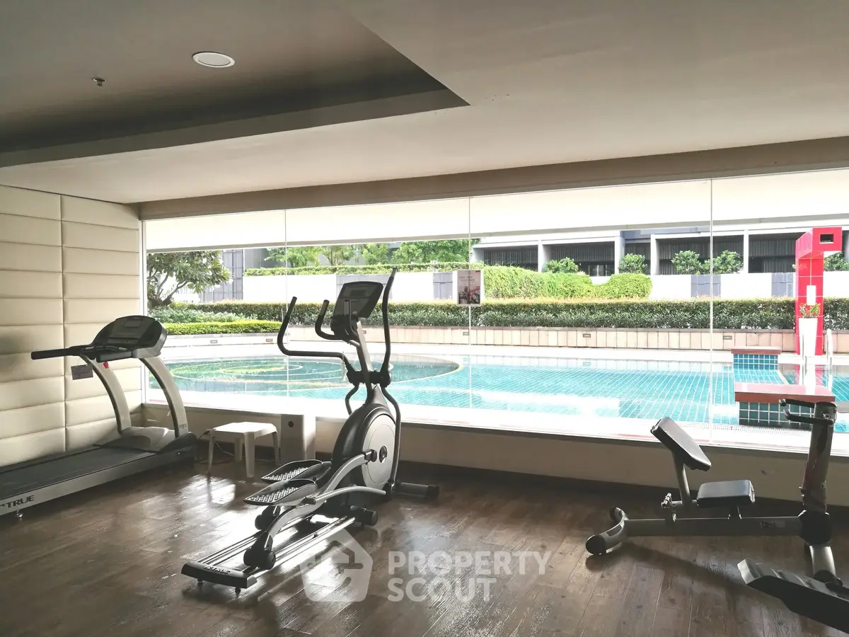 Modern gym with pool view in luxury real estate property