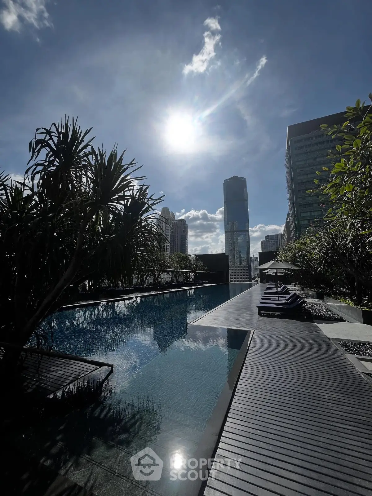 Luxurious rooftop pool with stunning city skyline views and lush greenery.