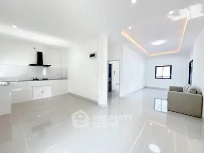 Spacious modern open-plan living room with sleek kitchen and stylish lighting