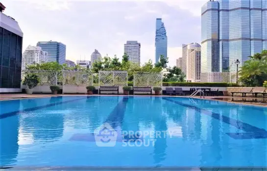 Luxurious rooftop pool with stunning city skyline views in modern high-rise building.