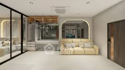 Modern living room with elegant design, featuring a cozy sofa and stylish mirrored wall.