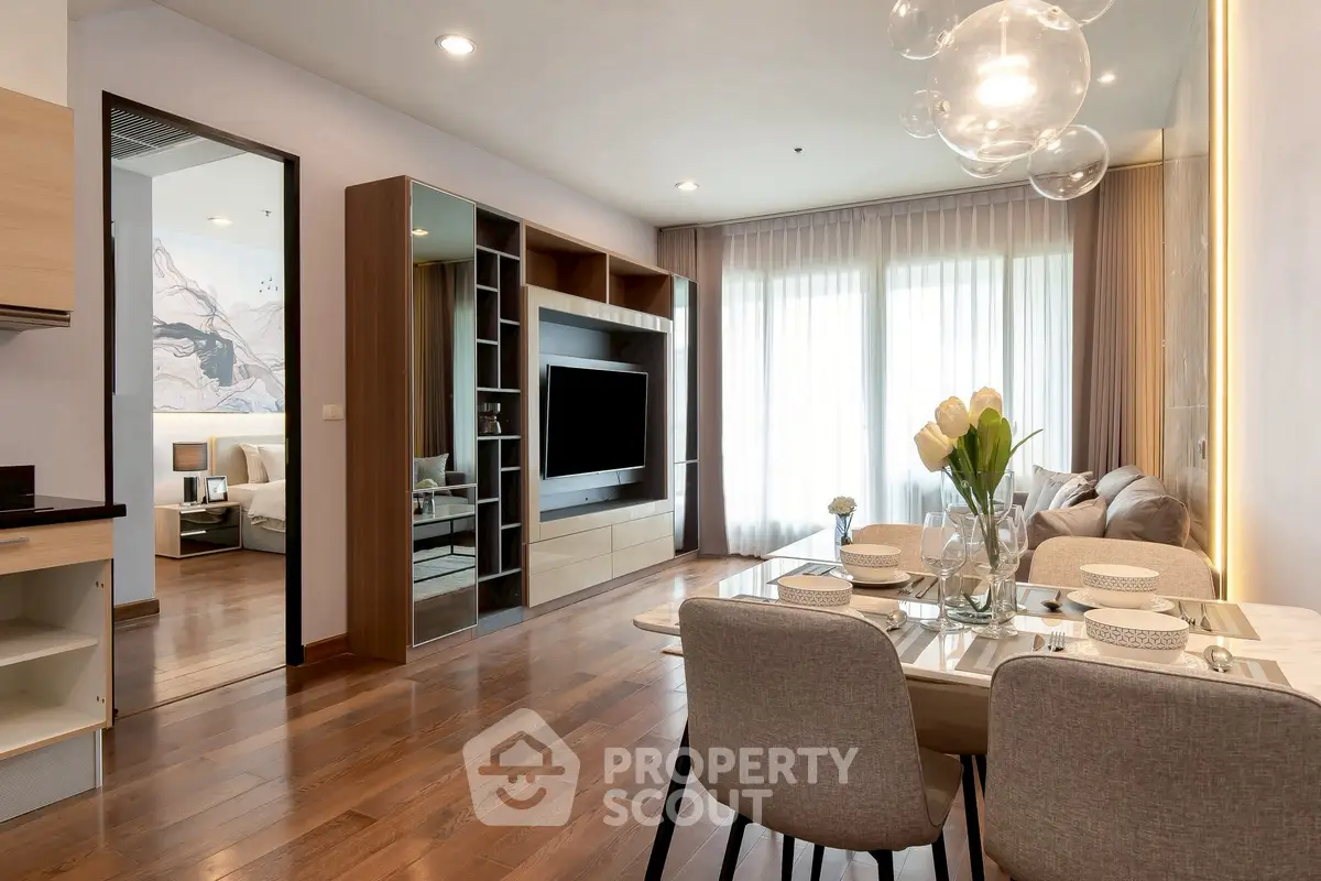 Modern open-plan living room with dining area and stylish decor