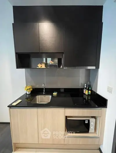 Modern compact kitchen with sleek cabinetry and built-in microwave, ideal for urban living.