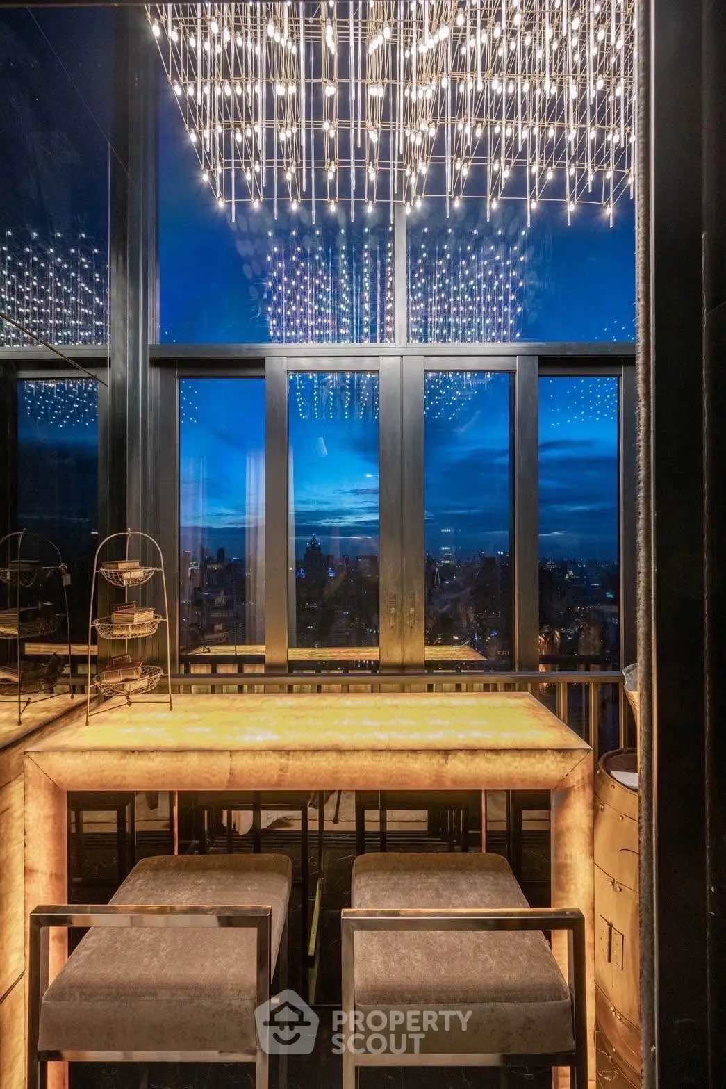 Luxurious rooftop bar with stunning night city view and modern lighting