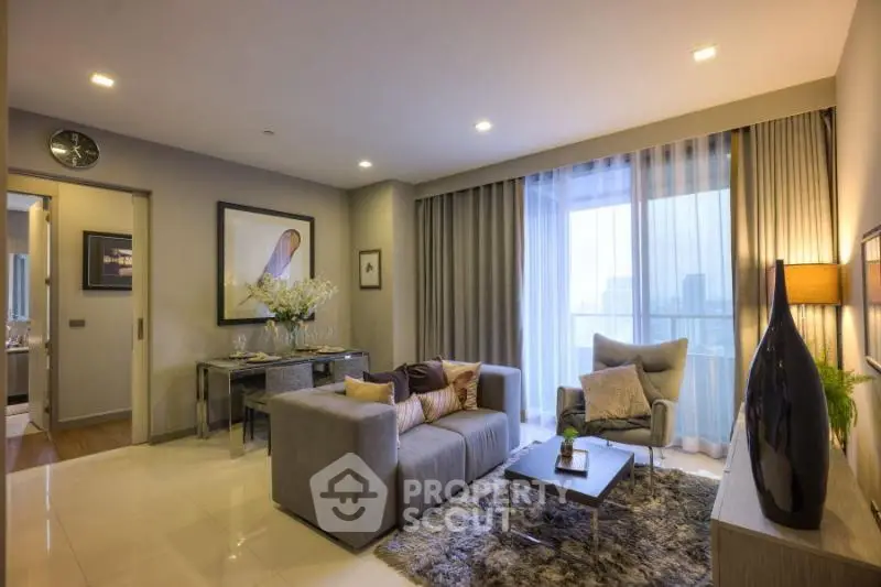Luxurious modern living room with elegant decor and city view, perfect for urban living.