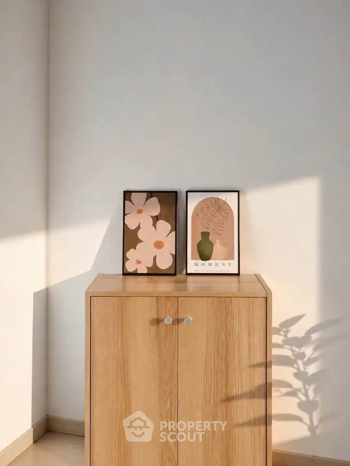 Minimalist wooden cabinet with decorative art in a sunlit room corner.