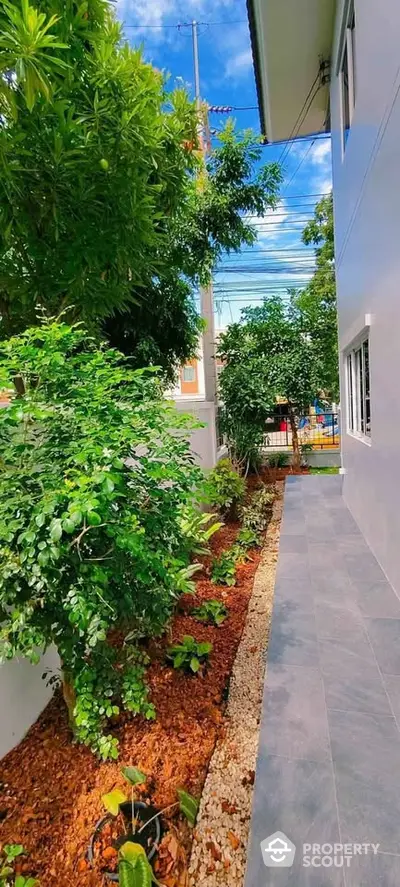 Charming garden pathway beside modern home with lush greenery and clear blue sky.