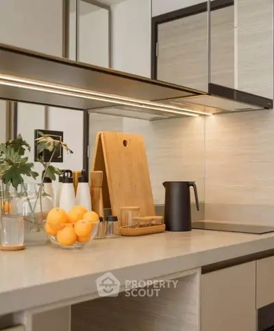 Modern kitchen with sleek countertops and stylish decor, featuring a cutting board and fresh lemons.