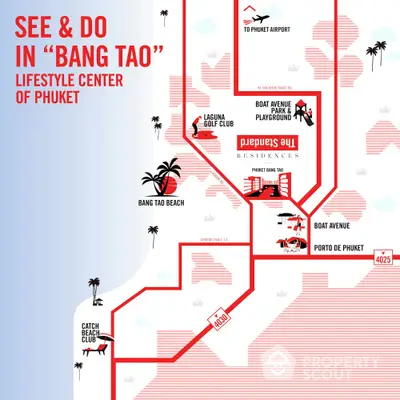 Map highlighting lifestyle attractions in Bang Tao, Phuket including beaches and golf clubs.