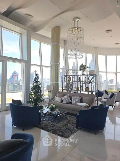Luxurious living room with panoramic city views and elegant decor