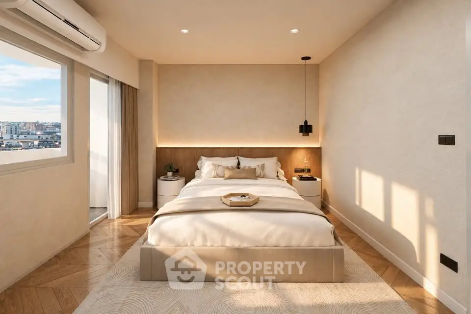 Luxurious bedroom with elegant decor and city view, featuring modern lighting and cozy ambiance.