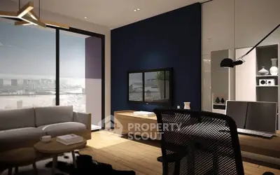 Modern living room with stylish furniture and large window offering city view.