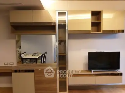 Modern living room with sleek built-in cabinets and flat-screen TV