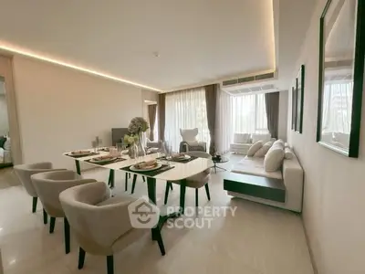 Elegant modern living room with stylish dining area and natural light
